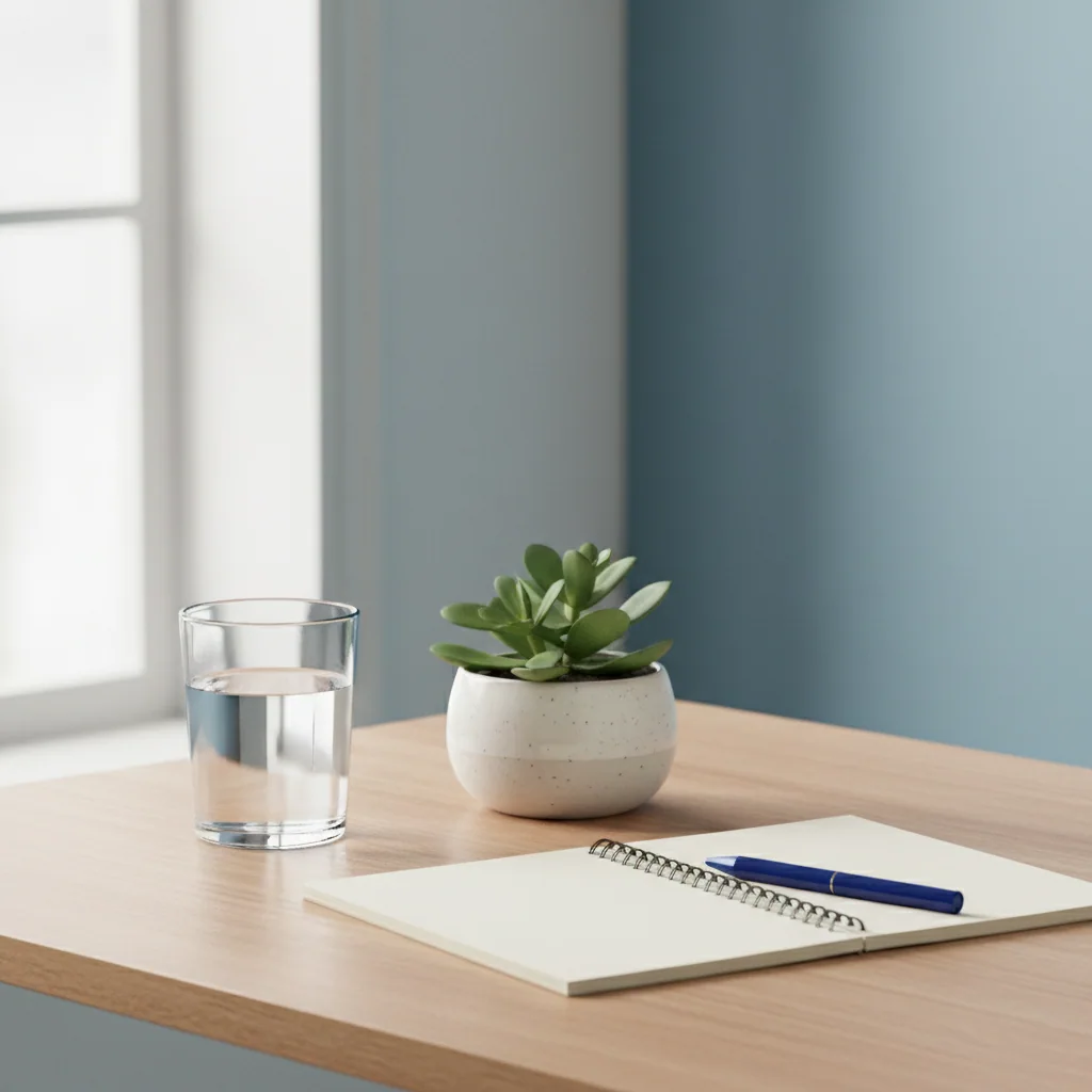 Ljust nordiskt kontor med ett glas vatten och en grön krukväxt på skrivbordet