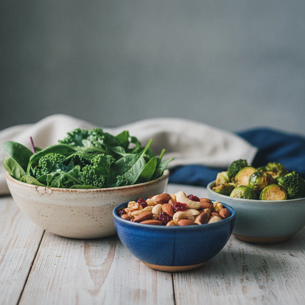 Gröna bladgrönsaker och nötter på ett träbord symboliserar B-vitaminer