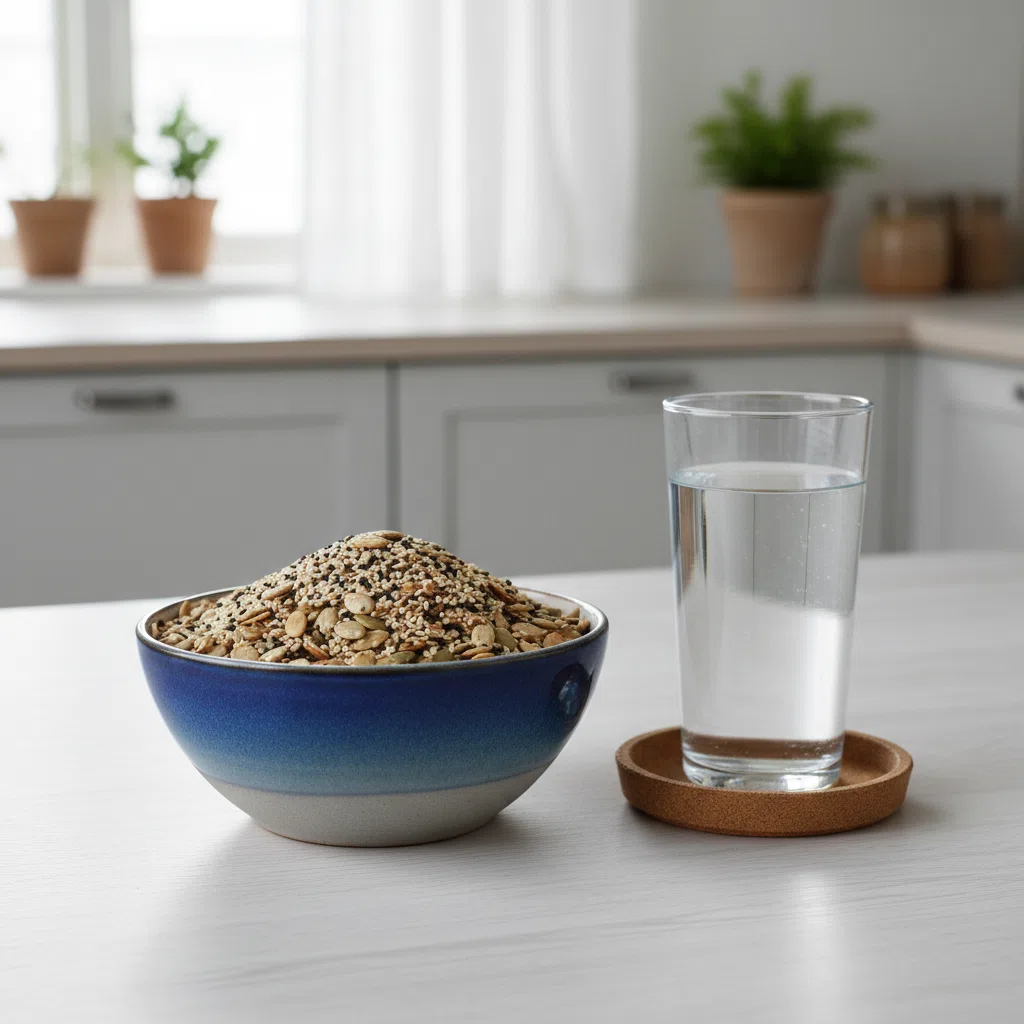 Pumpafrön och sesamfrön i en keramikskål - magnesiumrika råvaror