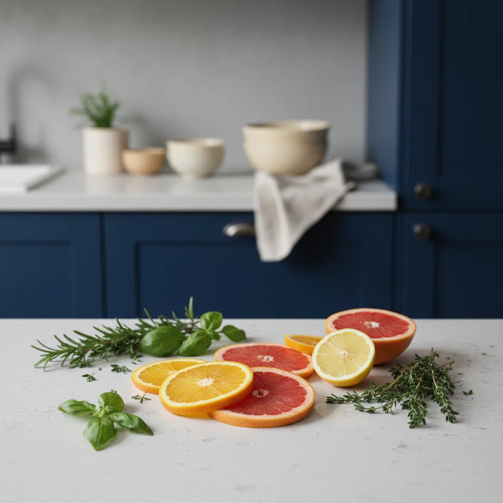 Färska citrusfrukter och solrosskott på ett ljust labbord