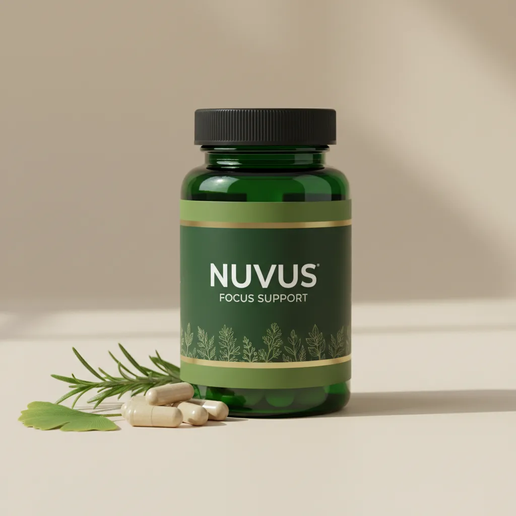 Nuvus Focus Support mörk grön glasburk med silverlock och etikett